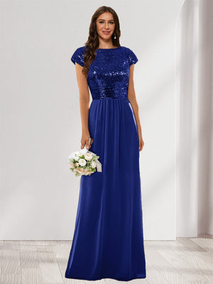 A-Line/Princess Scoop Short Sleeves Sequins Bridesmaid Dresses