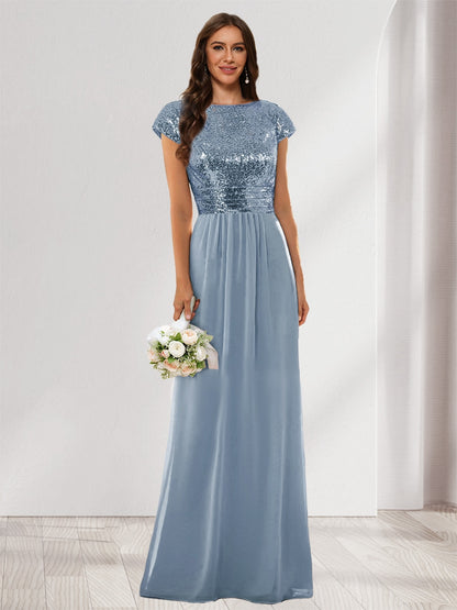 A-Line/Princess Scoop Short Sleeves Sequins Bridesmaid Dresses