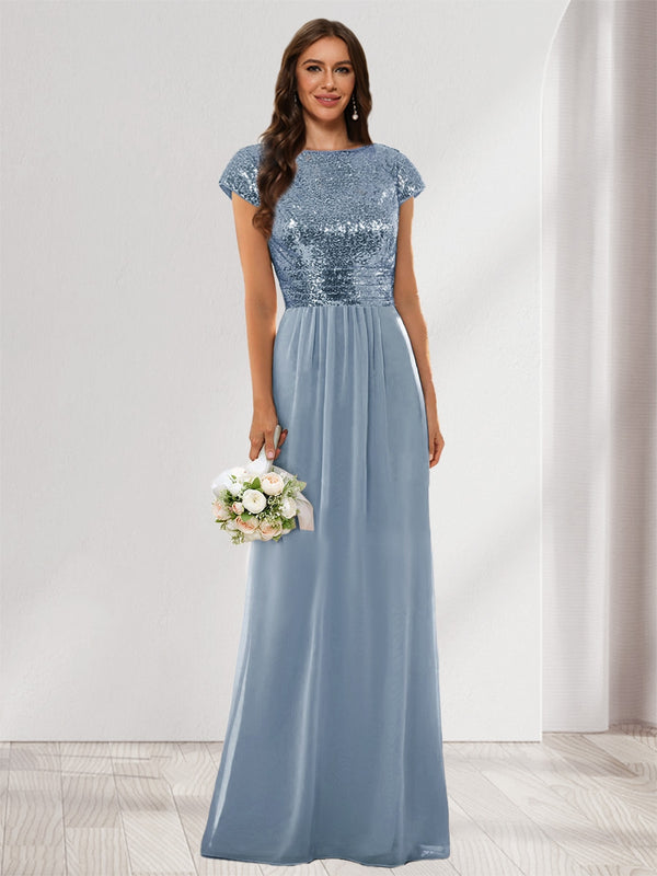 A-Line/Princess Scoop Short Sleeves Sequins Bridesmaid Dresses