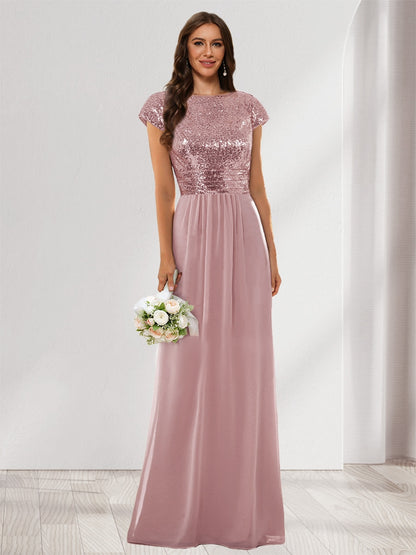 A-Line/Princess Scoop Short Sleeves Sequins Bridesmaid Dresses