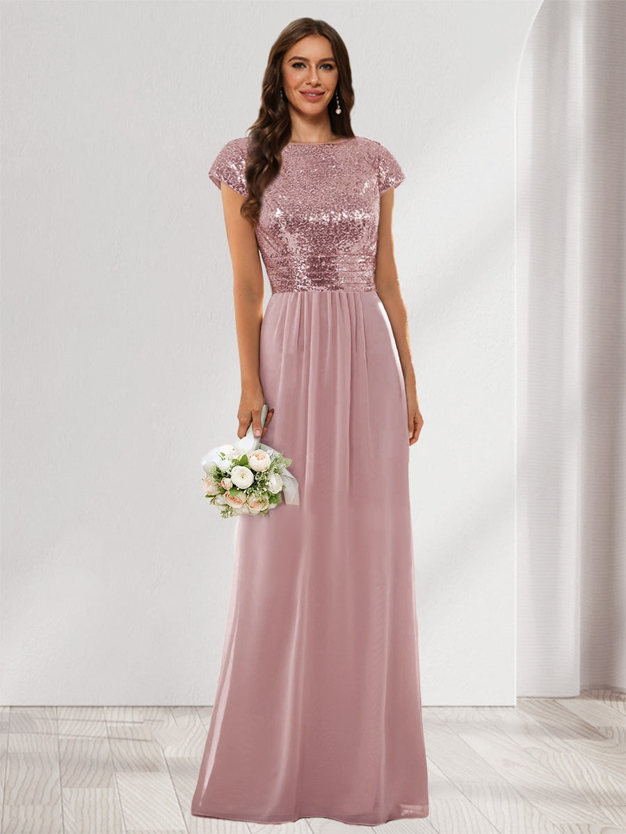 A-Line/Princess Scoop Short Sleeves Sequins Bridesmaid Dresses