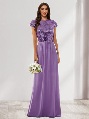 A-Line/Princess Scoop Short Sleeves Sequins Bridesmaid Dresses