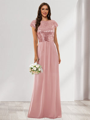 A-Line/Princess Scoop Short Sleeves Sequins Bridesmaid Dresses