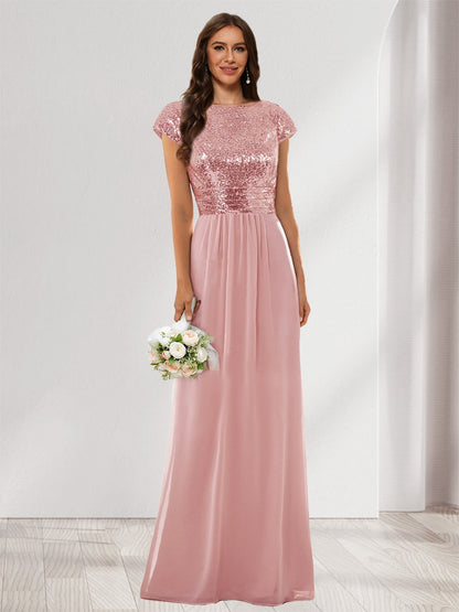 A-Line/Princess Scoop Short Sleeves Sequins Bridesmaid Dresses