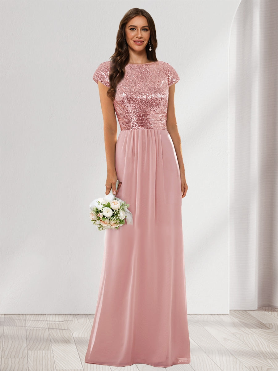 A-Line/Princess Scoop Short Sleeves Sequins Bridesmaid Dresses