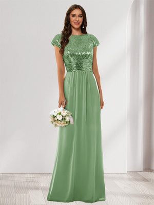 A-Line/Princess Scoop Short Sleeves Sequins Bridesmaid Dresses