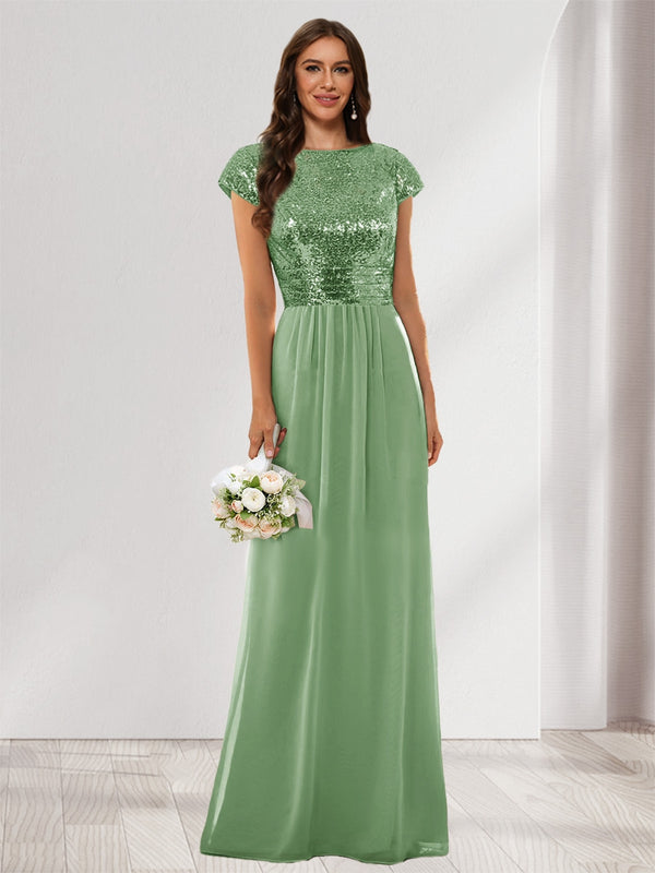 A-Line/Princess Scoop Short Sleeves Sequins Bridesmaid Dresses