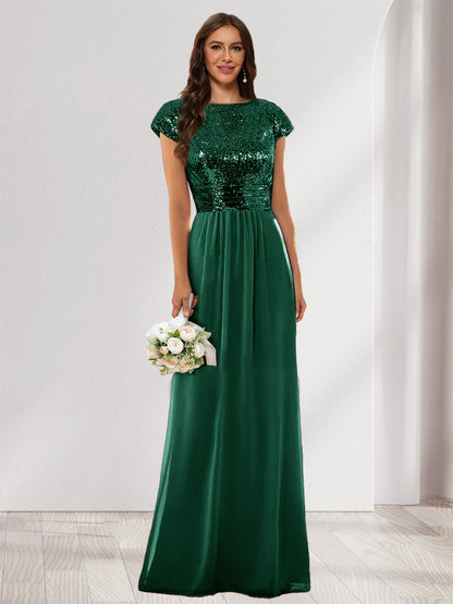 A-Line/Princess Scoop Short Sleeves Sequins Bridesmaid Dresses