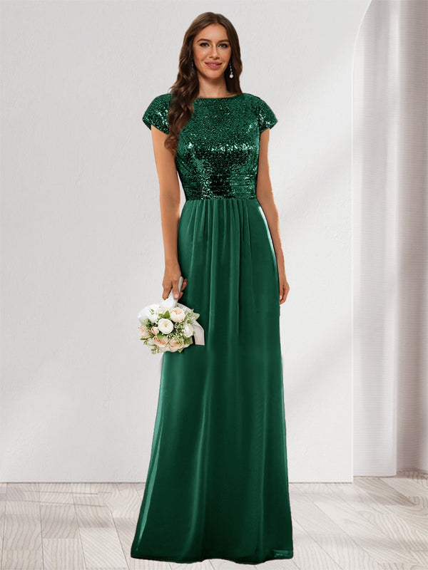 A-Line/Princess Scoop Short Sleeves Sequins Bridesmaid Dresses