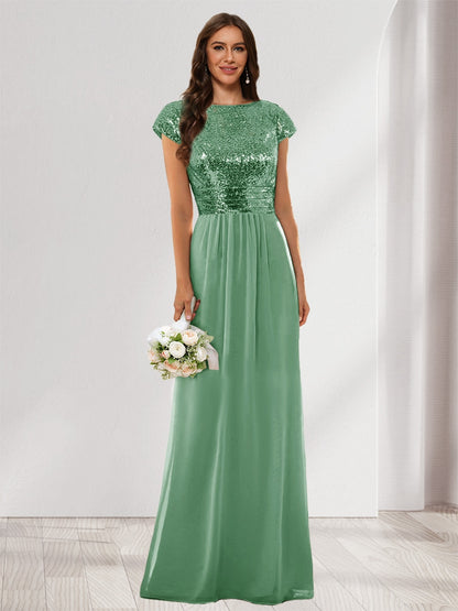 A-Line/Princess Scoop Short Sleeves Sequins Bridesmaid Dresses