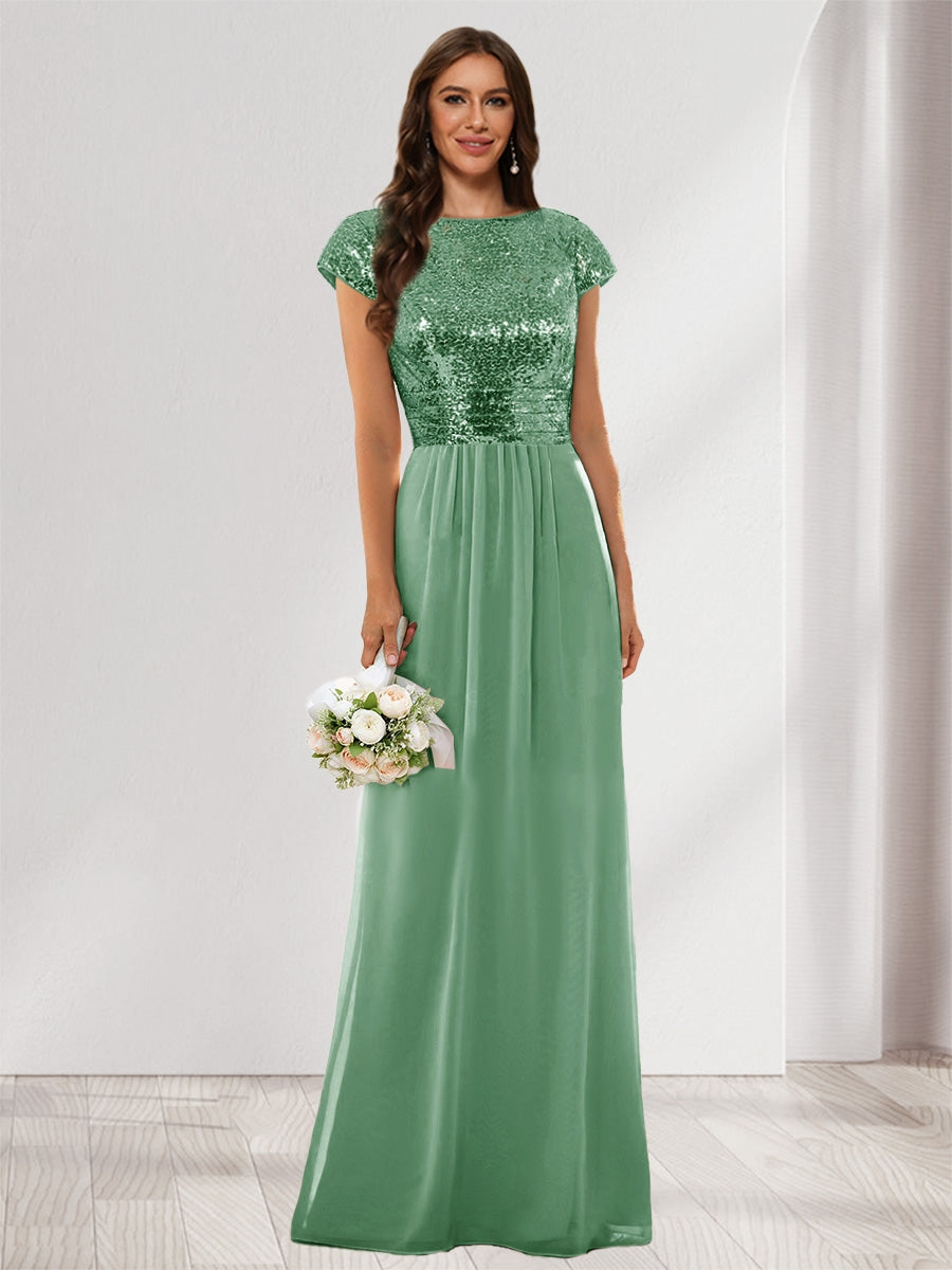 A-Line/Princess Scoop Short Sleeves Sequins Bridesmaid Dresses