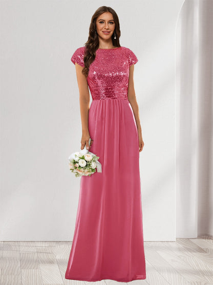 A-Line/Princess Scoop Short Sleeves Sequins Bridesmaid Dresses