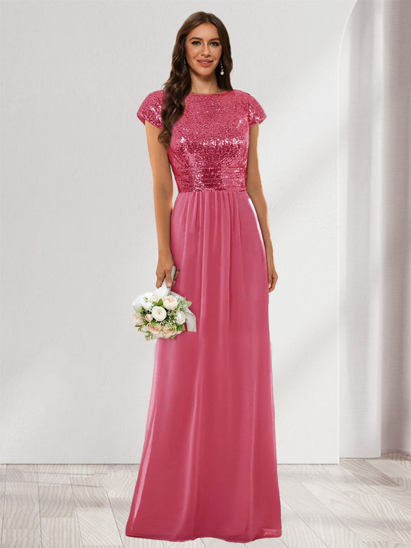 A-Line/Princess Scoop Short Sleeves Sequins Bridesmaid Dresses