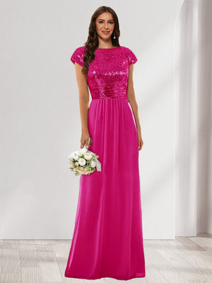 A-Line/Princess Scoop Short Sleeves Sequins Bridesmaid Dresses