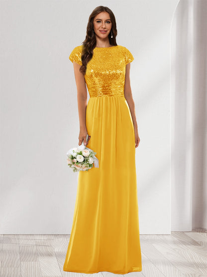 A-Line/Princess Scoop Short Sleeves Sequins Bridesmaid Dresses