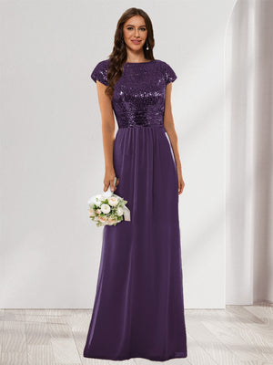 A-Line/Princess Scoop Short Sleeves Sequins Bridesmaid Dresses