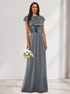 A-Line/Princess Scoop Short Sleeves Sequins Bridesmaid Dresses