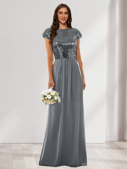A-Line/Princess Scoop Short Sleeves Sequins Bridesmaid Dresses