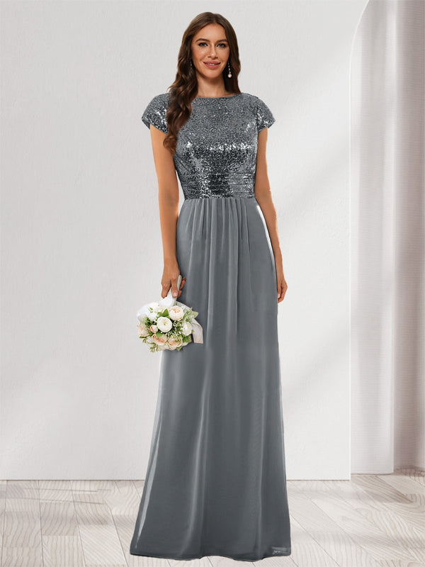 A-Line/Princess Scoop Short Sleeves Sequins Bridesmaid Dresses