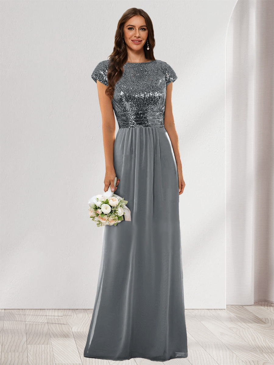A-Line/Princess Scoop Short Sleeves Sequins Bridesmaid Dresses