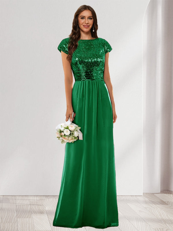 A-Line/Princess Scoop Short Sleeves Sequins Bridesmaid Dresses