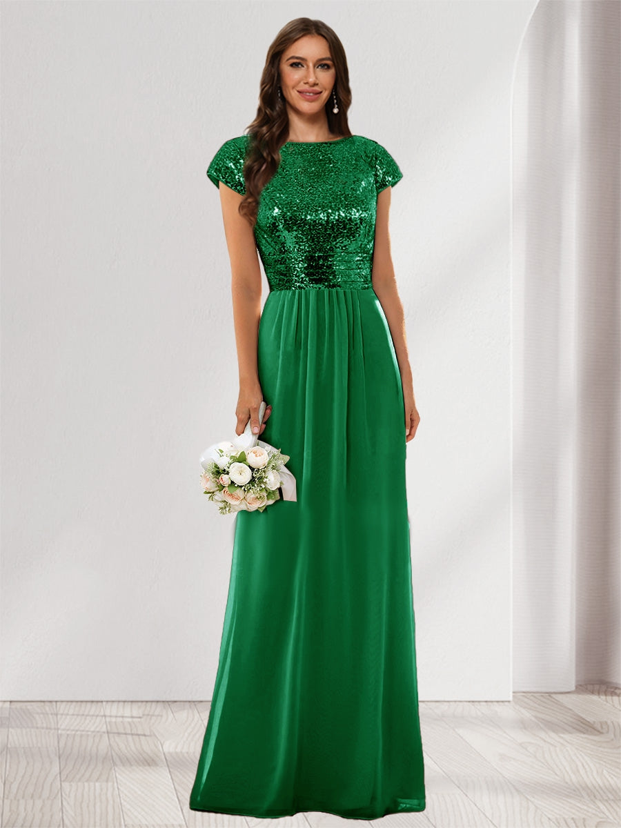 A-Line/Princess Scoop Short Sleeves Sequins Bridesmaid Dresses