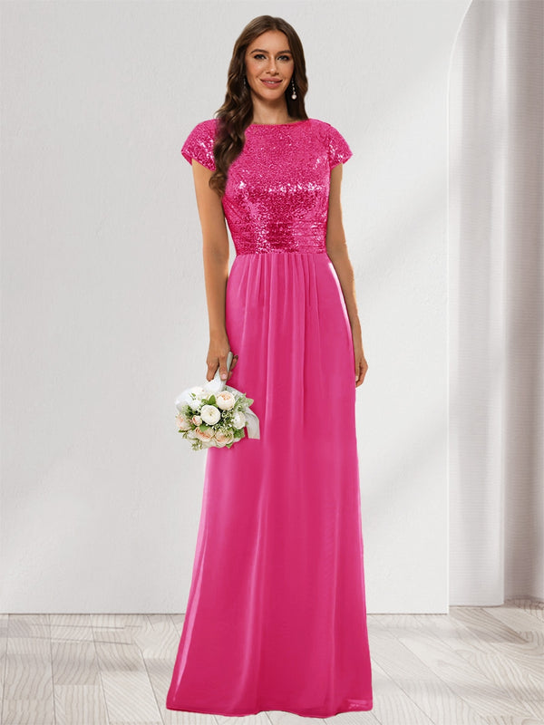 A-Line/Princess Scoop Short Sleeves Sequins Bridesmaid Dresses