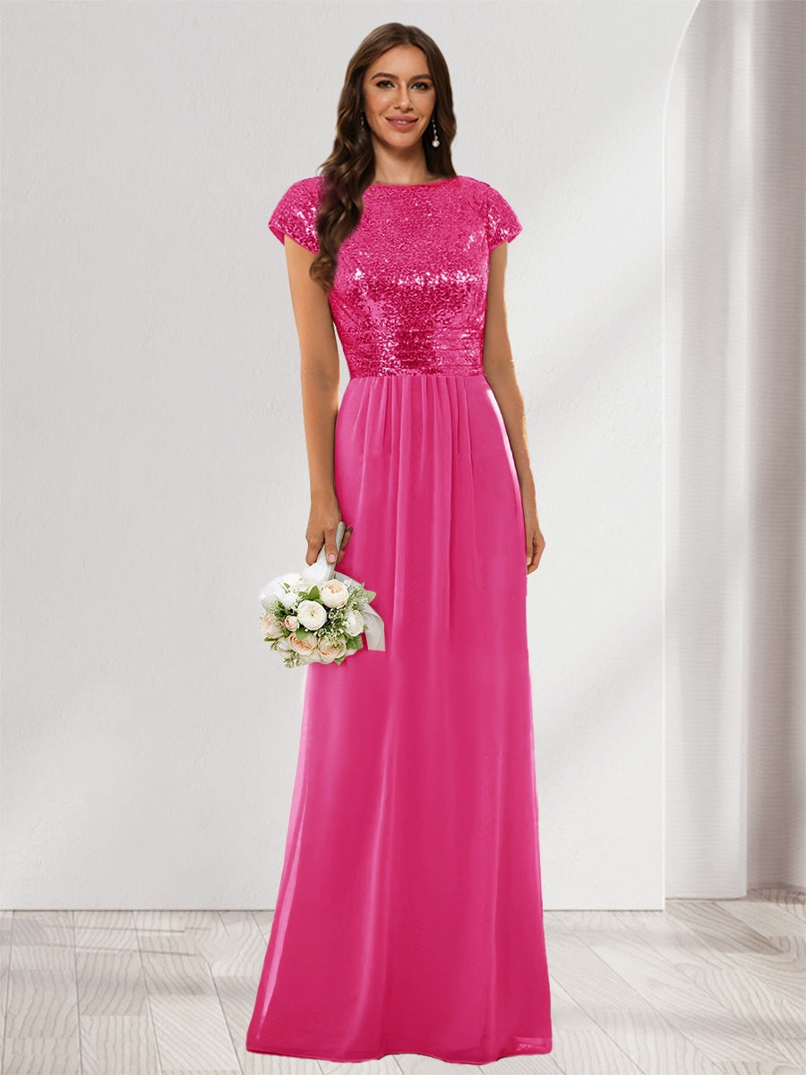 A-Line/Princess Scoop Short Sleeves Sequins Bridesmaid Dresses