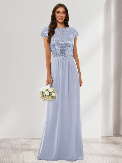 A-Line/Princess Scoop Short Sleeves Sequins Bridesmaid Dresses