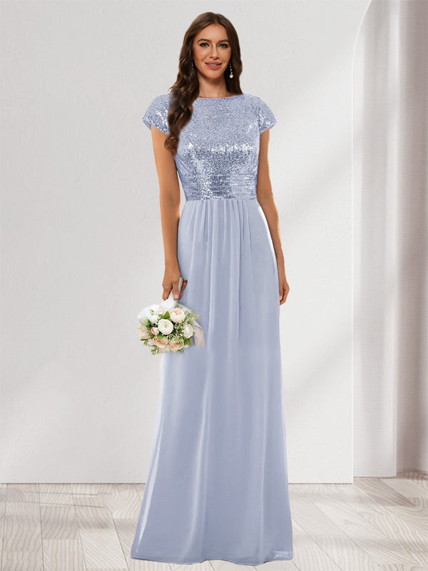A-Line/Princess Scoop Short Sleeves Sequins Bridesmaid Dresses
