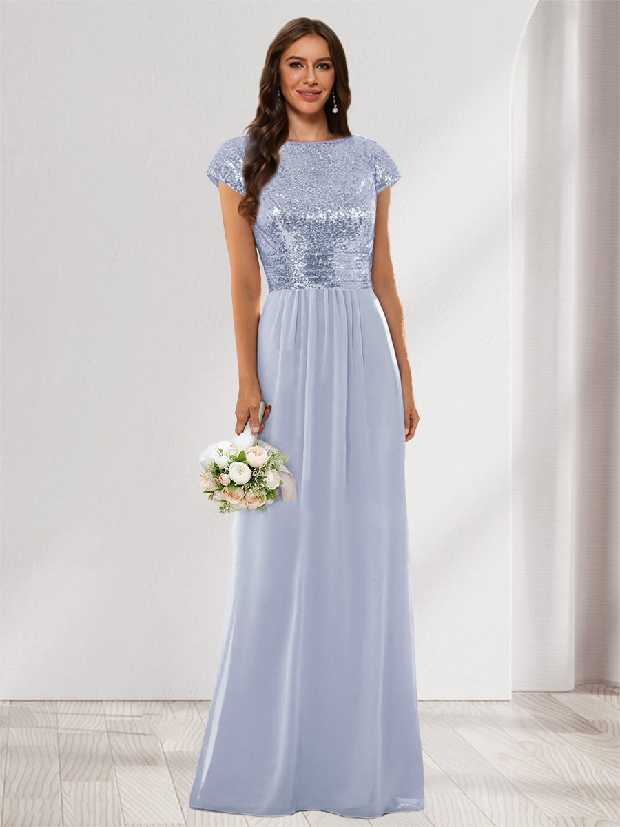 A-Line/Princess Scoop Short Sleeves Sequins Bridesmaid Dresses