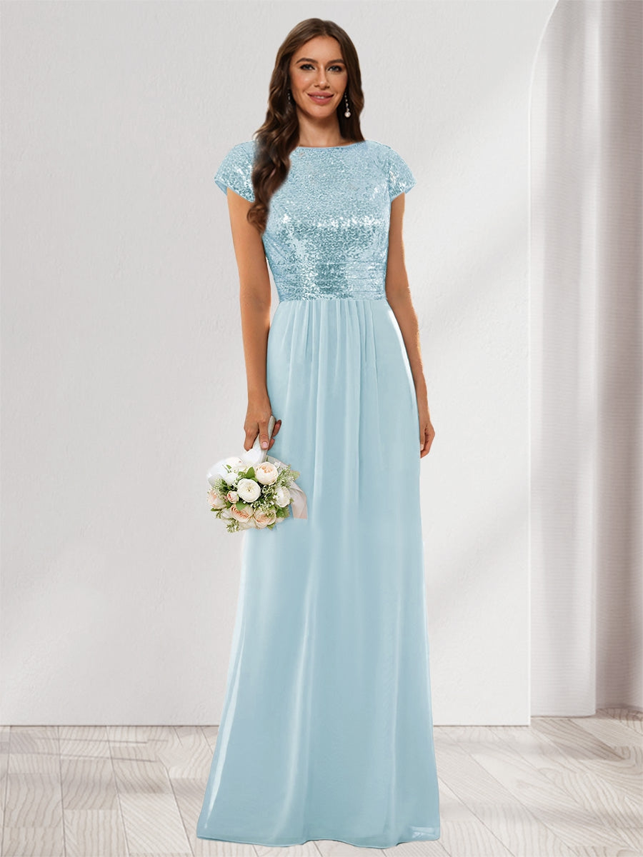 A-Line/Princess Scoop Short Sleeves Sequins Bridesmaid Dresses