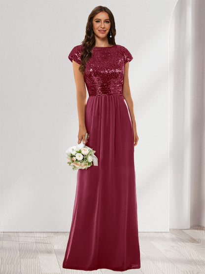 A-Line/Princess Scoop Short Sleeves Sequins Bridesmaid Dresses