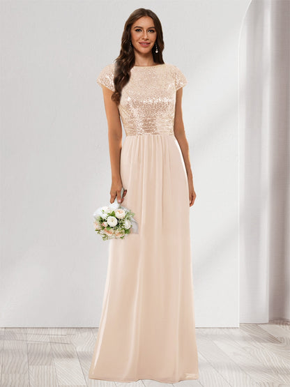 A-Line/Princess Scoop Short Sleeves Sequins Bridesmaid Dresses