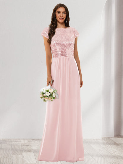 A-Line/Princess Scoop Short Sleeves Sequins Bridesmaid Dresses