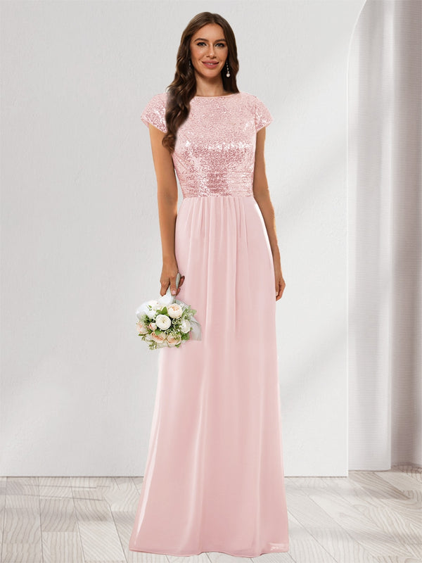 A-Line/Princess Scoop Short Sleeves Sequins Bridesmaid Dresses