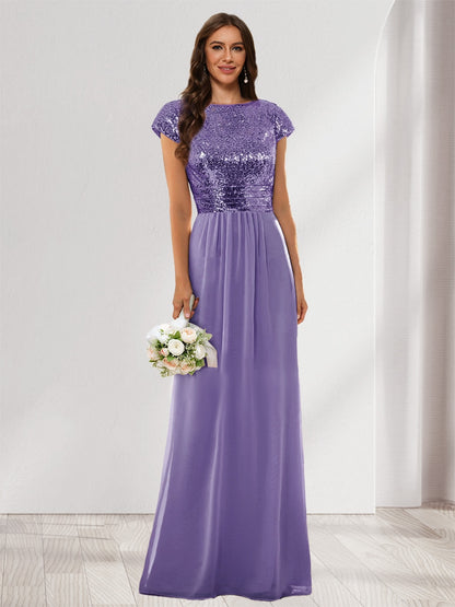 A-Line/Princess Scoop Short Sleeves Sequins Bridesmaid Dresses