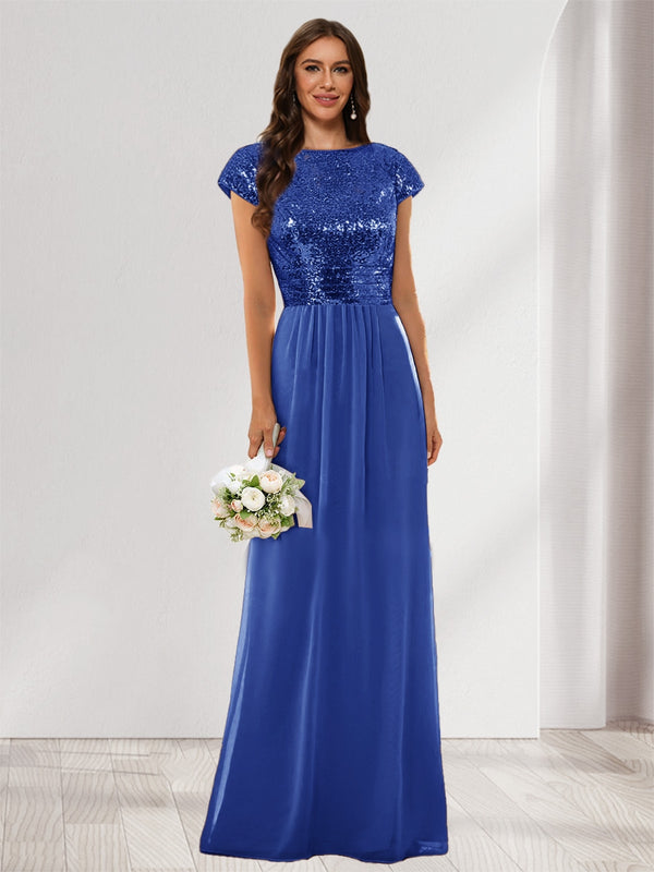 A-Line/Princess Scoop Short Sleeves Sequins Bridesmaid Dresses