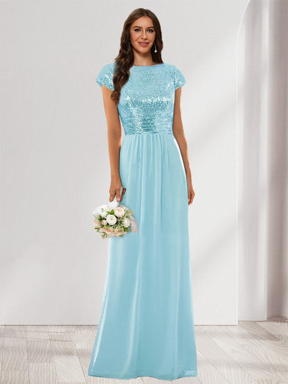 A-Line/Princess Scoop Short Sleeves Sequins Bridesmaid Dresses