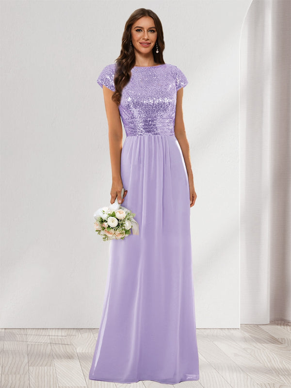 A-Line/Princess Scoop Short Sleeves Sequins Bridesmaid Dresses