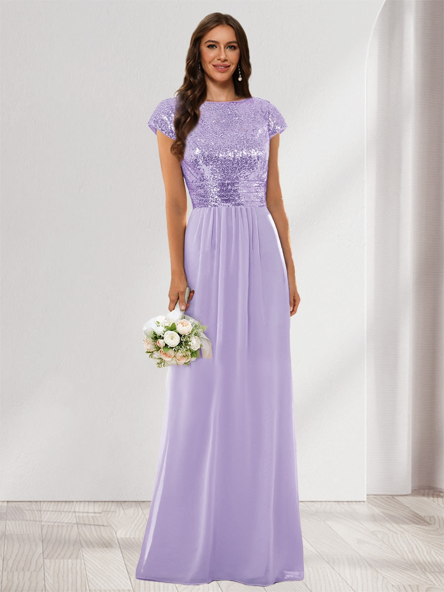 A-Line/Princess Scoop Short Sleeves Sequins Bridesmaid Dresses