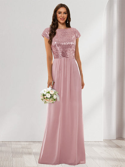 A-Line/Princess Scoop Short Sleeves Sequins Bridesmaid Dresses