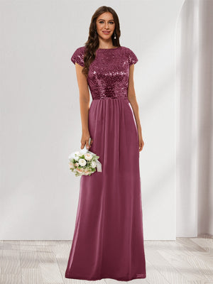 A-Line/Princess Scoop Short Sleeves Sequins Bridesmaid Dresses
