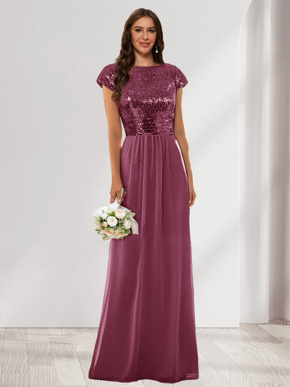 A-Line/Princess Scoop Short Sleeves Sequins Bridesmaid Dresses