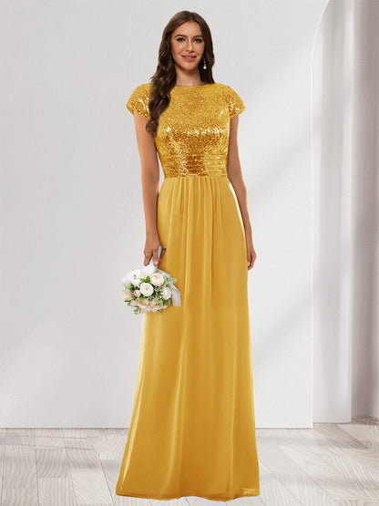 A-Line/Princess Scoop Short Sleeves Sequins Bridesmaid Dresses