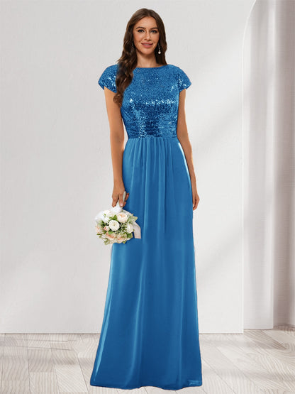 A-Line/Princess Scoop Short Sleeves Sequins Bridesmaid Dresses