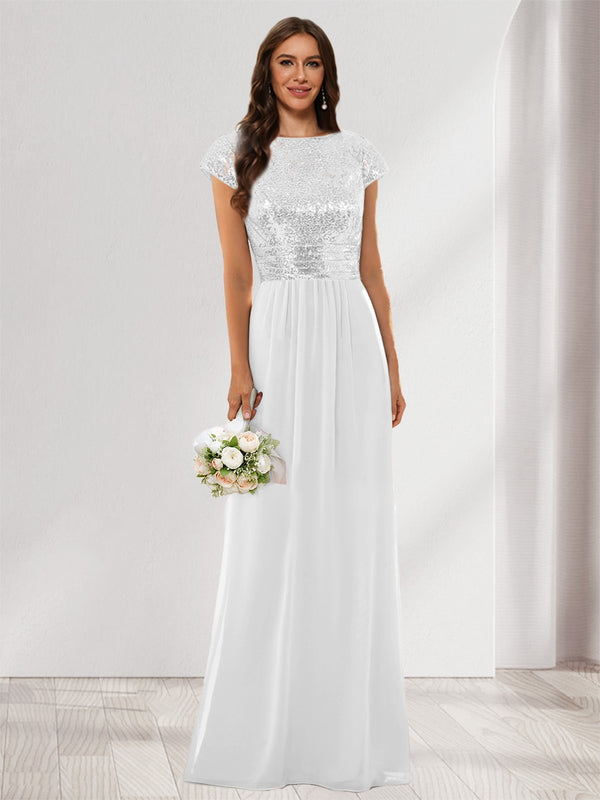 A-Line/Princess Scoop Short Sleeves Sequins Bridesmaid Dresses