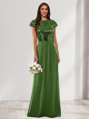 A-Line/Princess Scoop Short Sleeves Sequins Bridesmaid Dresses