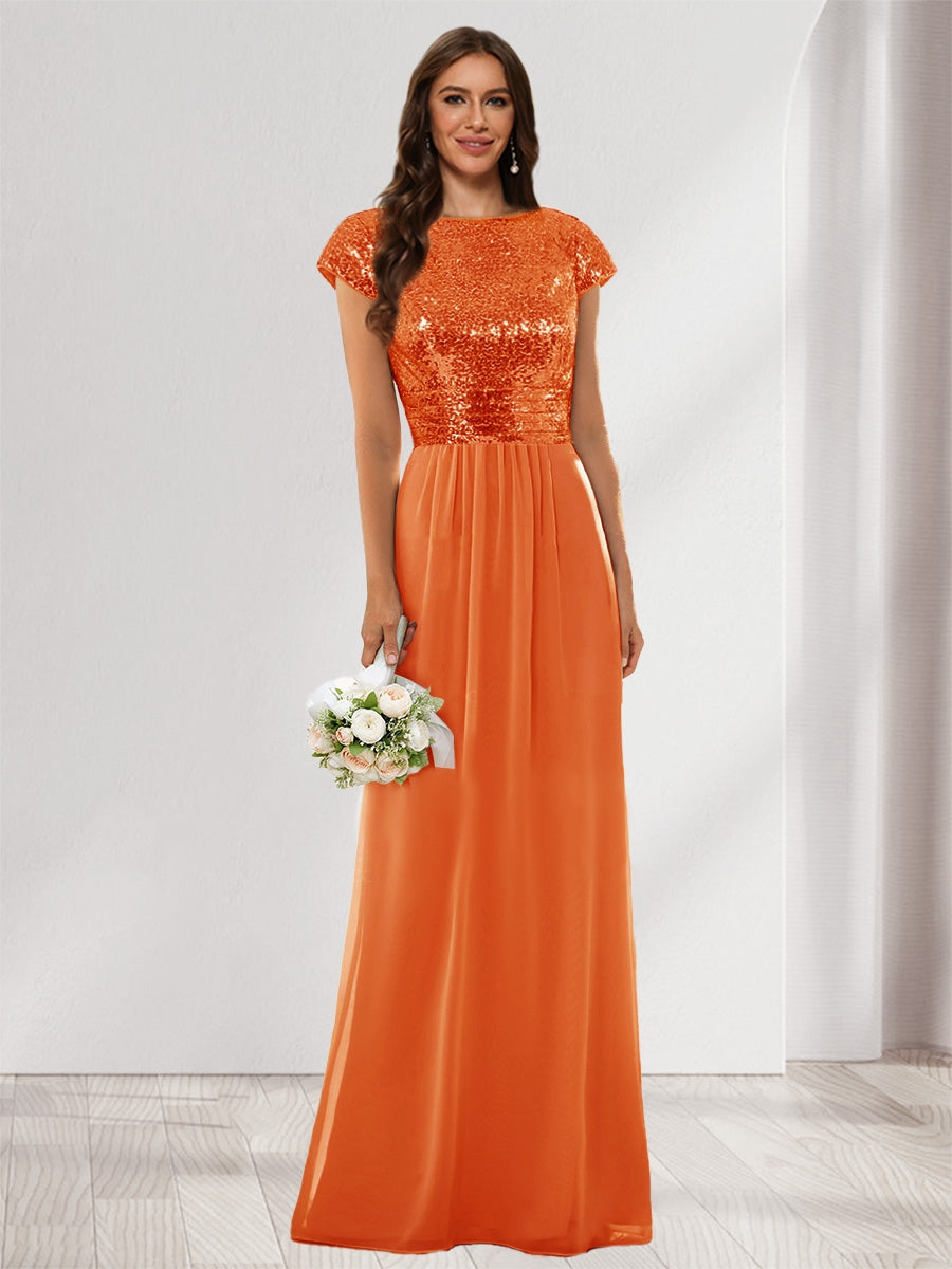 A-Line/Princess Scoop Short Sleeves Sequins Bridesmaid Dresses
