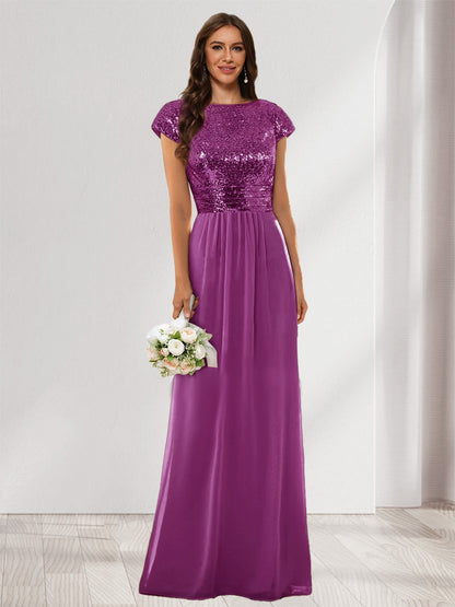 A-Line/Princess Scoop Short Sleeves Sequins Bridesmaid Dresses